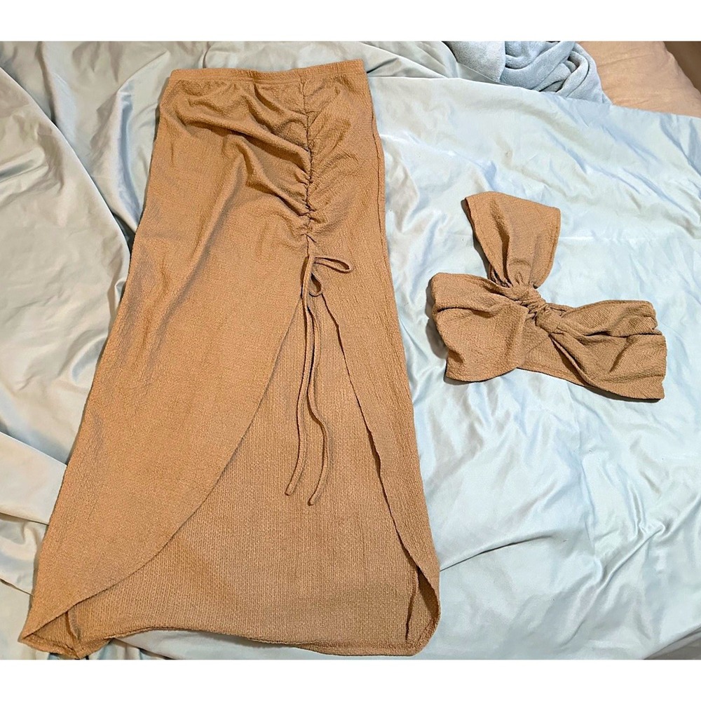 SHEIN 2-Piece Brown Knit Ruched Tie Skirt & Strapless Bandeau Top Set L